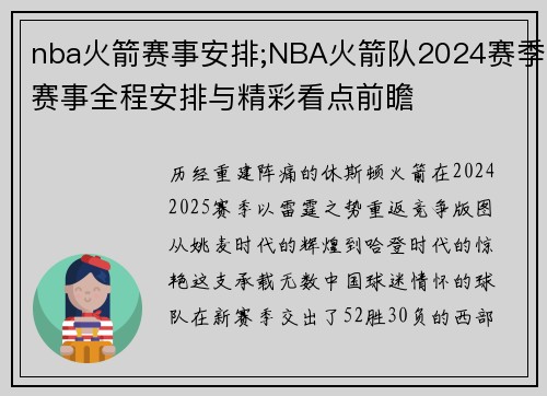 nba火箭赛事安排;NBA火箭队2024赛季赛事全程安排与精彩看点前瞻